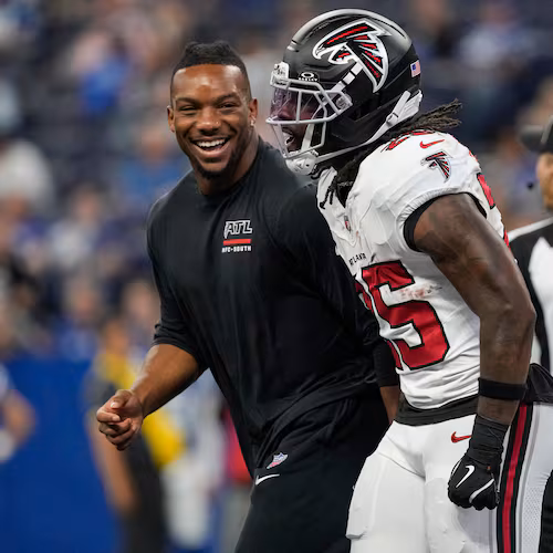 Atlanta Falcons running back Tyler Goodson celebrates after a touchdown against the Indianapolis Colts during the first half of an NFL football game in Indianapolis, Saturday, Aug. 22, 2026. (Nam Y. Huh/AP)