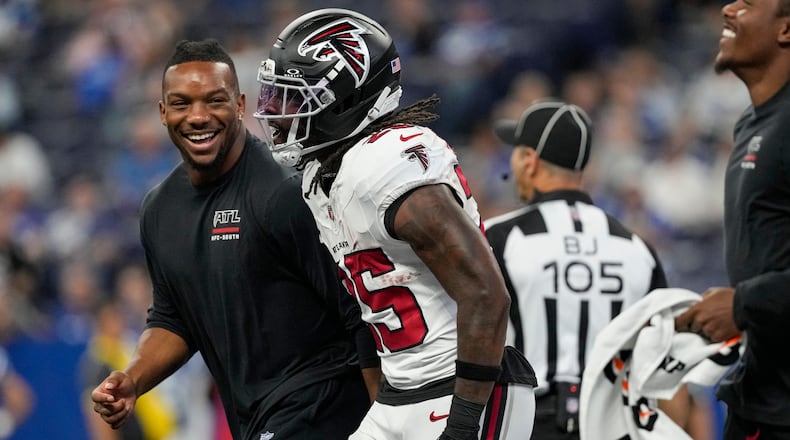 Atlanta Falcons running back Tyler Goodson celebrates after a touchdown against the Indianapolis Colts during the first half of an NFL football game in Indianapolis, Saturday, Aug. 22, 2026. (Nam Y. Huh/AP)
