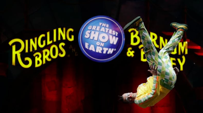 A Ringling Bros. and Barnum & Bailey clown does a somersault during a performance Saturday, Jan. 14, 2017, in Orlando, Fla. The Ringling Bros. and Barnum & Bailey Circus will end the "The Greatest Show on Earth" in May, following a 146-year run of performances. Kenneth Feld, the chairman and CEO of Feld Entertainment, which owns the circus, told The Associated Press, declining attendance combined with high operating costs are among the reasons for closing. (AP Photo/Chris O'Meara)