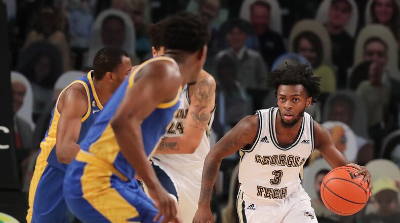021421 Atlanta: Georgia Tech guard Bubba Parham drives against Pittsburgh in an NCAA college basketball game on Sunday, Feb 14, 2021, in Atlanta.      Curtis Compton / Curtis.Compton@ajc.com”