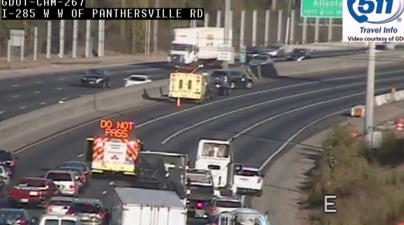 All lanes were temporarily blocked on I-285 in DeKalb County near Flat Shoals Road. A crash was moved from the left lanes shortly after 4 p.m. (Credit: WSB 24-hour Traffic Center)