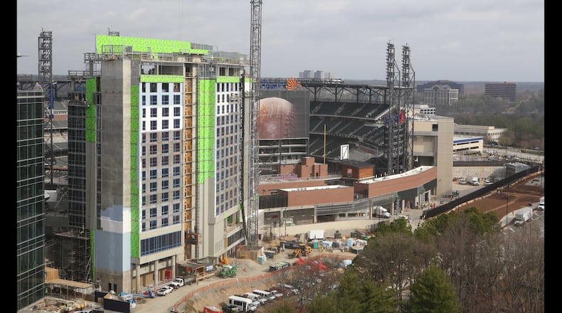 Here's a look at the progress of building the Omni Hotel at The Battery Atlanta on March 1, 2017. Construction workers had just placed the roof on the hotel.