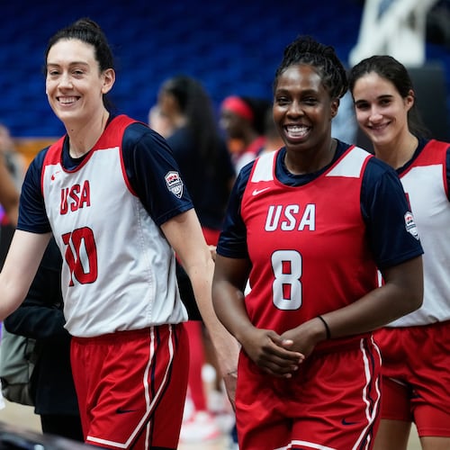 Breanna Stewart (10) and Chelsea Gray (8) of United States attend a training session ahead of the match between China and United States during the Women's Basketball World Cup in Berlin, Germany, Wednesday, Sept. 2, 2026. (AP Photo/Ebrahim Noroozi)