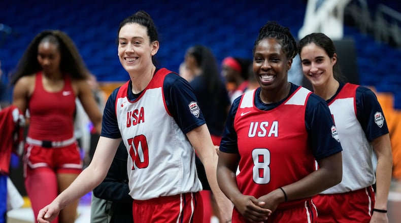 Breanna Stewart (10) and Chelsea Gray (8) of United States attend a training session ahead of the match between China and United States during the Women's Basketball World Cup in Berlin, Germany, Wednesday, Sept. 2, 2026. (AP Photo/Ebrahim Noroozi)