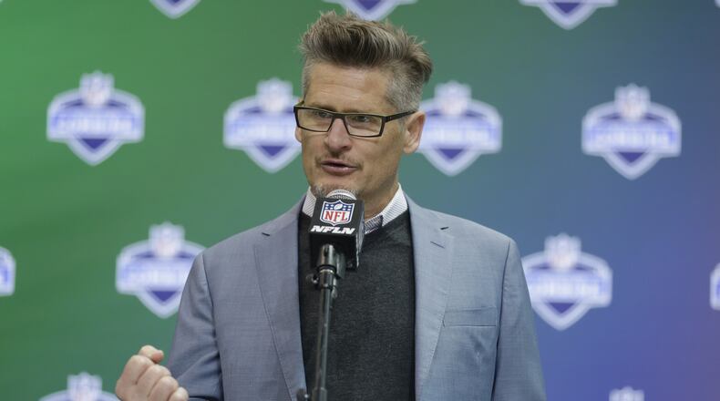 Atlanta Falcons general manager Thomas Dimitroff speaks during a press conference at the NFL Combine in Indianapolis, Wednesday, March 1, 2017. (AP Photo/Michael Conroy)