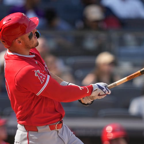 Los Angeles Angels' Mike Trout (27) hits a home run during the seventh inning of a baseball game against the New York Yankees, Thursday, April 16, 2026, in New York. (AP Photo/Yuki Iwamura)