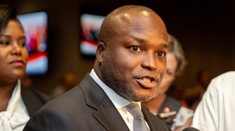 Bryan Johnson speaks to the media after the Atlanta school board voted unanimously Monday, July 8, 2024, to make him the new superintendent of Atlanta Public Schools. (Ben Hendren for The Atlanta Journal-Constitution)