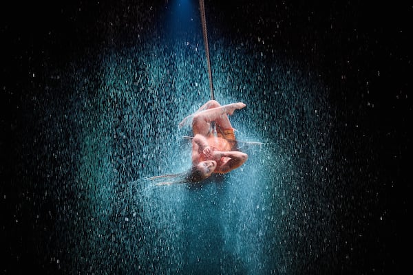 The name of Cirque du Soleil's show “Luzia” is a portmanteau of the Spanish words luz (light) and lluvia (rain). A custom-engineered rain machine is used in the production to shower performers in water as they perform acrobatic feats. (Courtesy of Matt Beard and Anne Colliard)