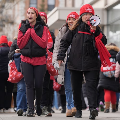 Nurses and their supporters strike in front of NewYork-Presbyterian hospital in New York, Thursday, Feb. 19, 2026. (AP Photo/Seth Wenig)