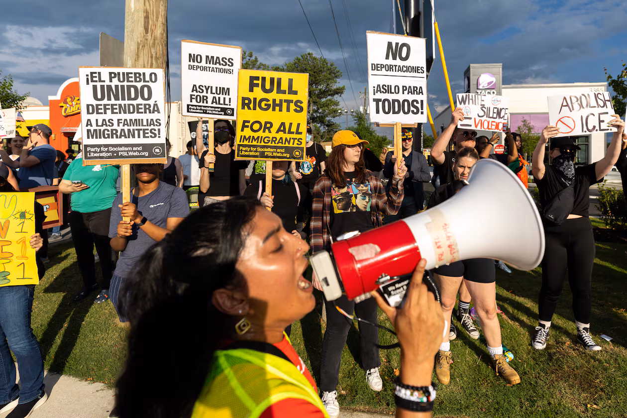 Activists protest ICE raids and deportations on Tuesday, June 10, 2025, along Buford Highway in Atlanta. If 2024 was the story of Latino voters moving toward President Donald Trump on the economy, 2026 may be an early test of whether immigration enforcement — and the fallout from violent raids in Minneapolis — are pulling some of them back. (Arvin Temkar/AJC 2025)
