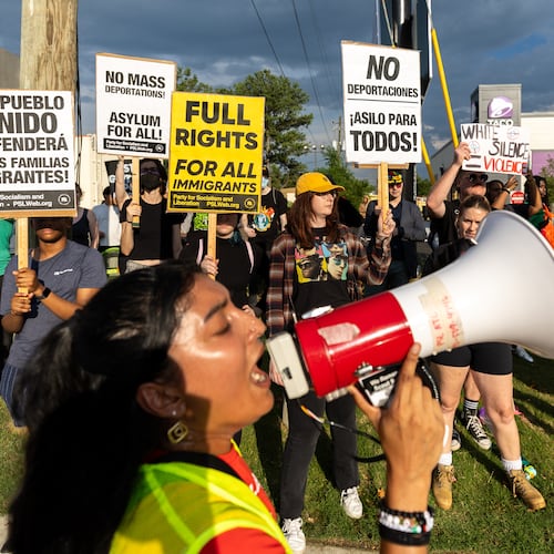 Activists protest ICE raids and deportations on Tuesday, June 10, 2025, along Buford Highway in Atlanta. If 2024 was the story of Latino voters moving toward President Donald Trump on the economy, 2026 may be an early test of whether immigration enforcement — and the fallout from violent raids in Minneapolis — are pulling some of them back. (Arvin Temkar/AJC 2025)