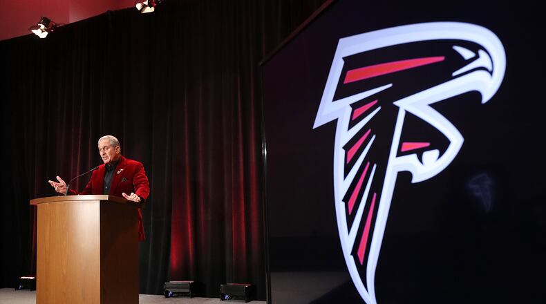 Falcons owner Arthur Blank answers questions from reporters in Houston on Friday. (Curtis Compton/ccompton@ajc.com)