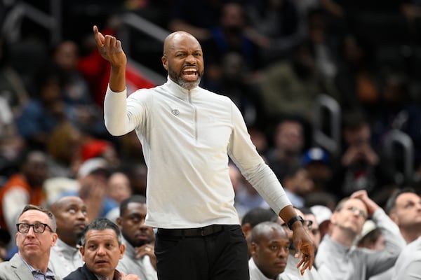 Orlando Magic head coach Jamahl Mosley gestures during the second half of an NBA basketball game against the Washington Wizards, Thursday, April 3, 2025, in Washington. (AP Photo/Nick Wass)