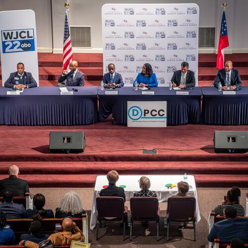 Seven top Democratic contenders for Georgia governor speak at a forum organized by the Savannah Debate Series on Jan. 8, 2026. (Justin Taylor/The Current GA/Catchlight Local/Report for America)