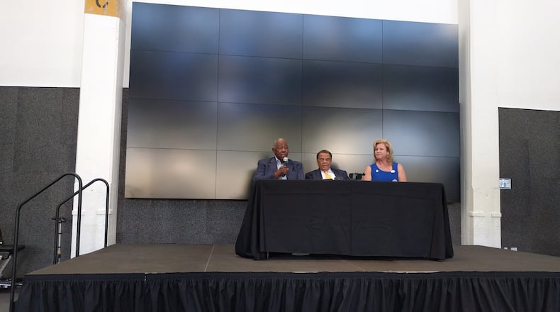 Atlanta Braves baseball great Hank Aaron (left) urged voters to reject Amendment 1 on the coming November ballot, along with Ambassador Andrew Young and Lisa-Marie Haygood of the Georgia PTA. The amendment would allow Georgia to create the Opportunity School District, which would allow a state appointee to take over up to 20 failing schools a year and try to turn them around.