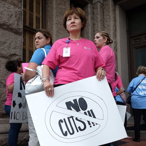 Opponents of proposed budget cut in therapy services from the Medicaid program for children with disabilities and the elderly waited in line to speak with Texas lawmakers. (File)