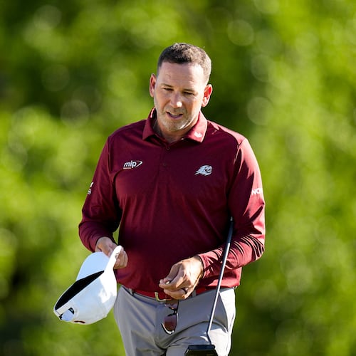 Sergio Garcia, of Spain, finshes his first round in the Masters golf tournament at the Augusta National Golf Club, Thursday, April 9, 2026, in Augusta, Ga. (AP Photo/Eric Gay)