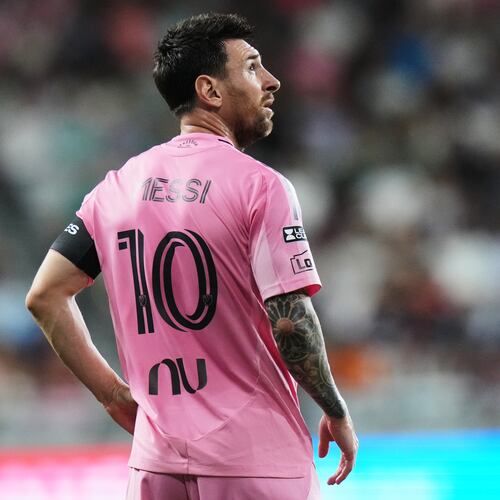 Inter Miami forward Lionel Messi (10) stands on the field during the second half of a Leagues Cup soccer match against Club León, Wednesday, Aug. 12, 2026, in Miami. (AP Photo/Lynne Sladky)