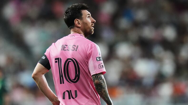 Inter Miami forward Lionel Messi (10) stands on the field during the second half of a Leagues Cup soccer match against Club León, Wednesday, Aug. 12, 2026, in Miami. (AP Photo/Lynne Sladky)