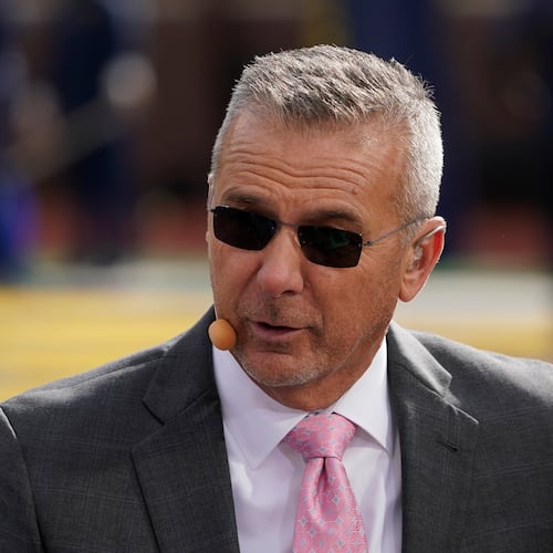 FILE - Urban Meyer, a FOX Sports college football analyst, appears before an NCAA college football game between Michigan and Penn State in Ann Arbor, Mich., Oct. 15, 2022. (AP Photo/Paul Sancya, File)
