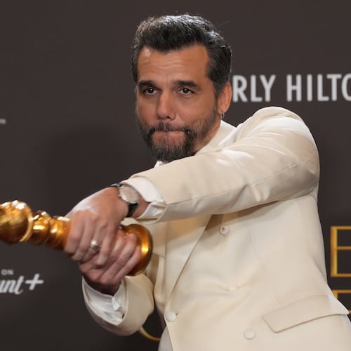 Wagner Moura poses in the press room with the award for best performance by a male actor in a motion picture – drama for "The Secret Agent" during the 83rd Golden Globes on Sunday, Jan. 11, 2026, at the Beverly Hilton in Beverly Hills, Calif. (AP Photo/Chris Pizzello)
