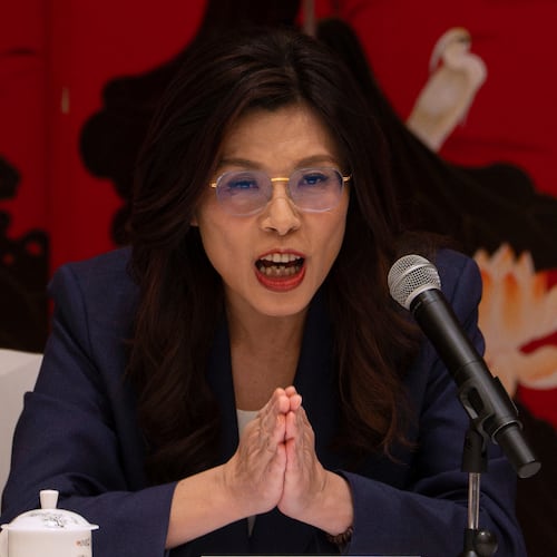 FILE - Taiwan's opposition Kuomintang (KMT) party leader Cheng Li-wun speaks during a news conference in Beijing, April 10, 2026. (AP Photo/Ng Han Guan)