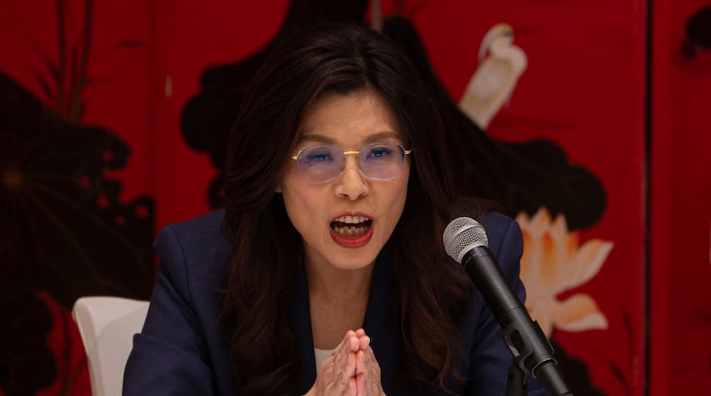 FILE - Taiwan's opposition Kuomintang (KMT) party leader Cheng Li-wun speaks during a news conference in Beijing, April 10, 2026. (AP Photo/Ng Han Guan)