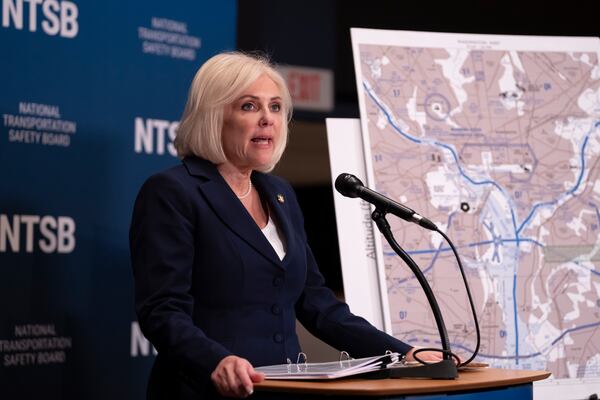 National Transportation Safety Board (NTSB) Chairwoman Jennifer Homendy speaks about the recent mid-air collision of an American Airlines flight and a Black Hawk helicopter near Ronald Reagan Washington National Airport, at a news conference in Washington, Tuesday, March 11, 2025. (AP Photo/Ben Curtis)