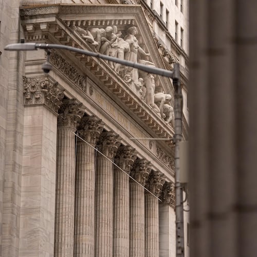 A general view shows the New York Stock Exchange, Friday, March 27, 2026, in New York. (AP Photo/Yuki Iwamura)