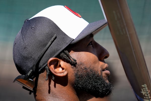 Atlanta Braves' Jurickson Profar (7) takes batting practice before a baseball game between the Atlanta Braves and the Los Angeles Angels, Wednesday, July 2, 2025, in Atlanta. (AP Photo/Mike Stewart)