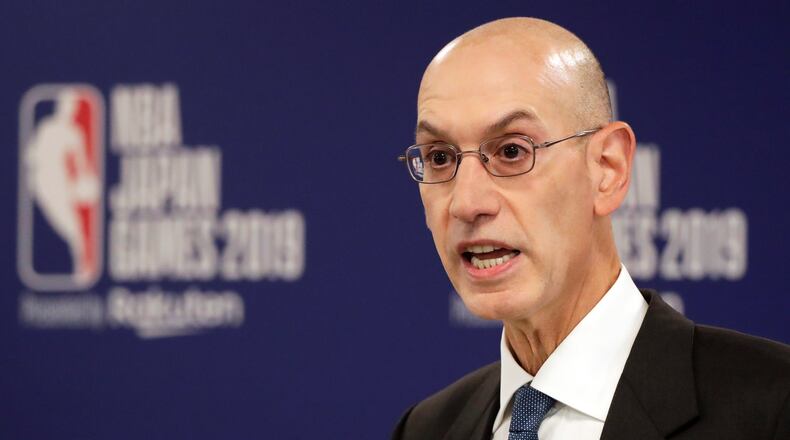 NBA Commissioner Adam Silver speaks at a news conference before an NBA preseason basketball game between the Houston Rockets and the Toronto Raptors Oct. 8, 2019, in Saitama, Japan. (Jae C. Hong/AP)