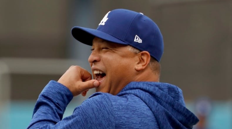 Los Angeles Dodgers manager Dave Roberts tries to keep the mood light during batting practice before Game 6 of the World Series against the Houston Astros on October 31, 2017, at Dodger Stadium in Los Angeles. (Luis Sinco/Los Angeles Times/TNS)