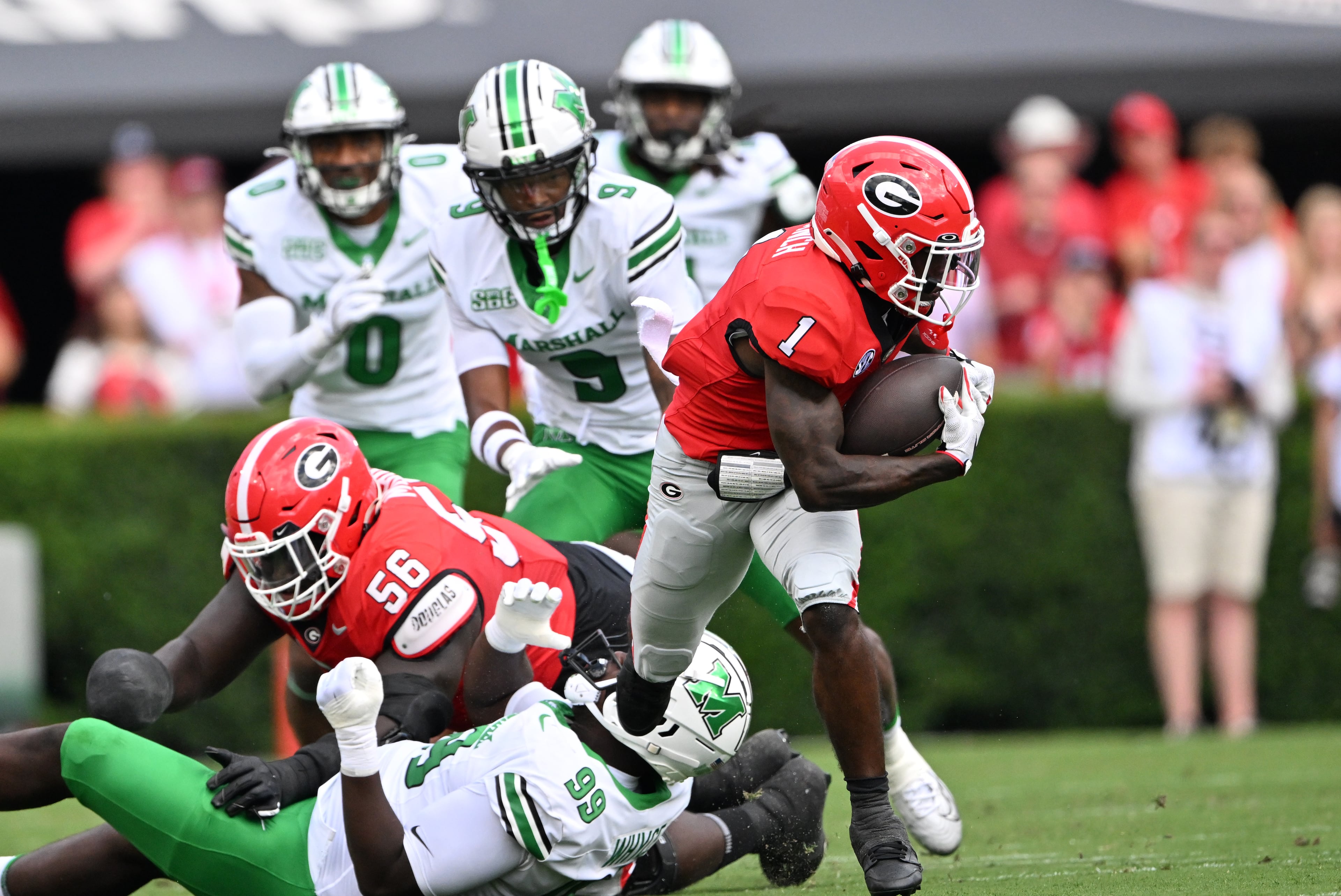 Georgia wide receiver Zachariah Branch (1) runs after a catch during the first half in an NCAA football game at Sanford Stadium, Saturday, August 30, 2025, in Athens. (Hyosub Shin / AJC)