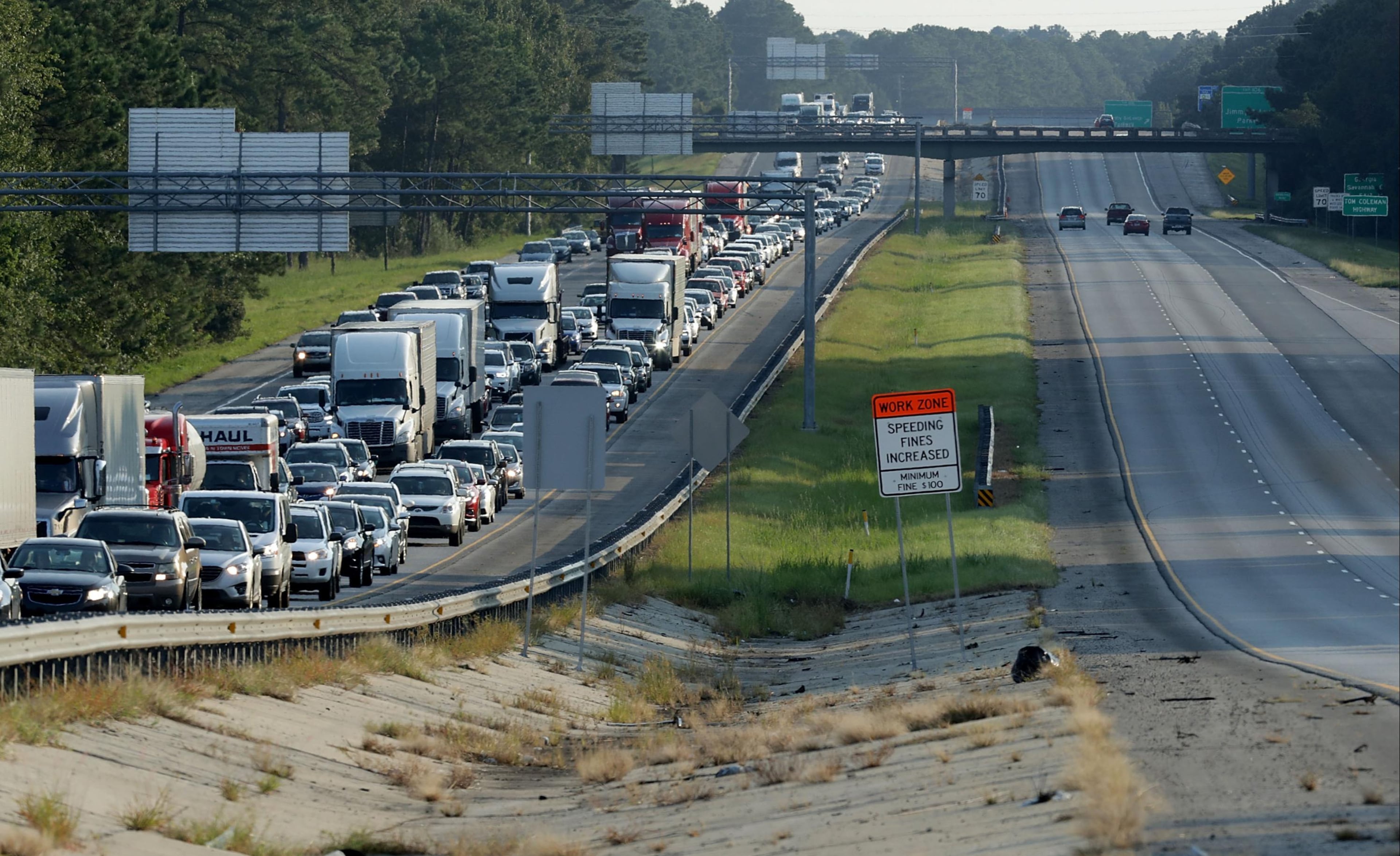 Southbound lanes of I-95 near the Georgia-South Carolina border are empty as northbound lanes are packed as people evacuate ahead of the arrival of Hurricane Irma September 8, 2017, in Savannah, Georgia. (Chip Somodevilla/Getty Images)
