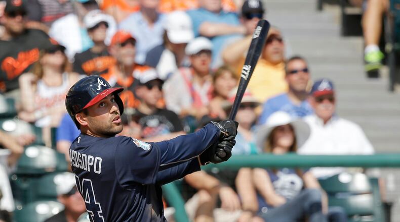 Matt Tuiasosopo bats in a Braves spring game in 2016. File photo