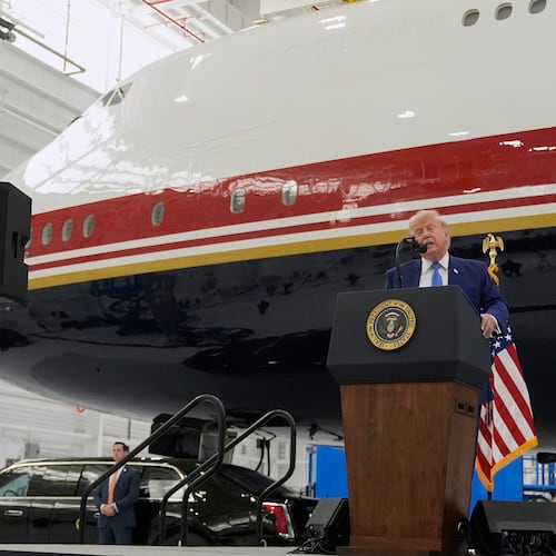 President Donald Trump speaks after touring the newly designated Air Force One presidential aircraft at Joint Base Andrews, Md., Friday, June 19, 2026. (AP Photo/Manuel Balce Ceneta)