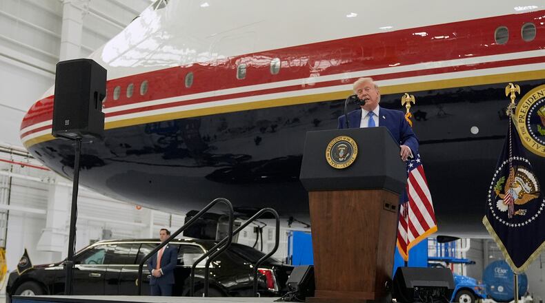 President Donald Trump speaks after touring the newly designated Air Force One presidential aircraft at Joint Base Andrews, Md., Friday, June 19, 2026. (AP Photo/Manuel Balce Ceneta)