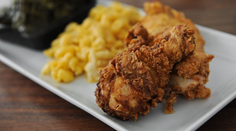 Fried Ashley Farm’s Chicken- mac & cheese, braised Tucker Farm’s greens.