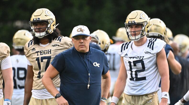 August 5, 2022 Atlanta - Georgia Tech’s head coach Geoff Collins instructs during the first football practice of the season at Rose Bowl Field on Georgia Tech Campus in Atlanta on Friday, August 5, 2022. (Hyosub Shin / Hyosub.Shin@ajc.com)