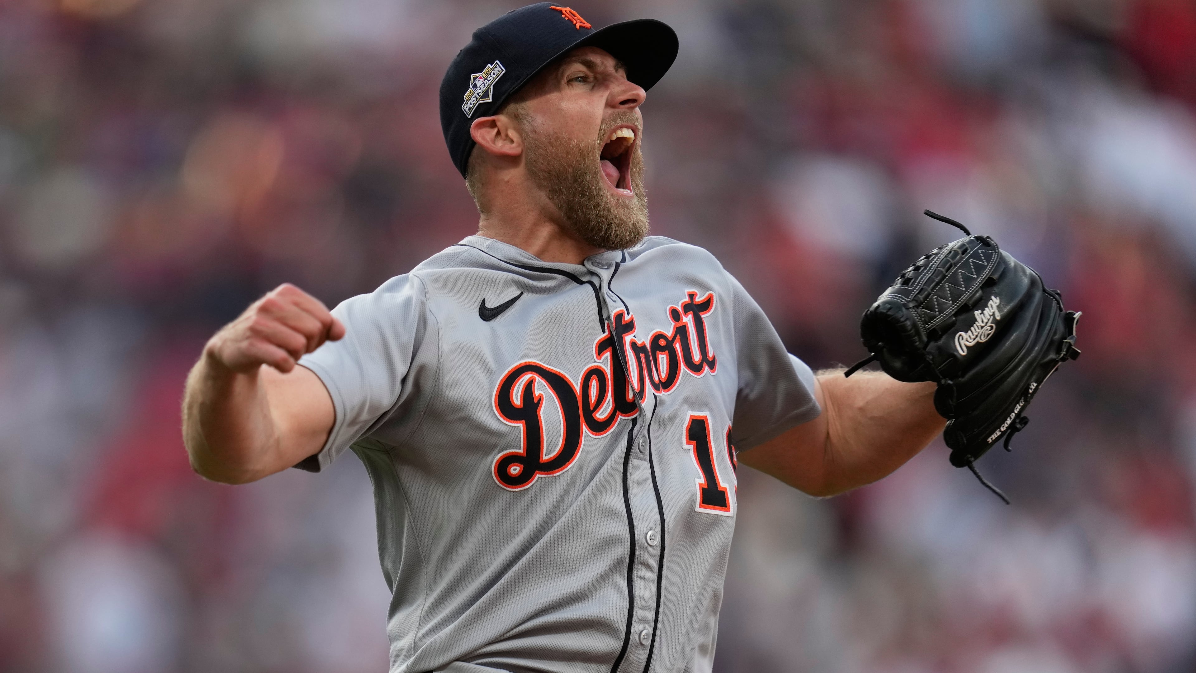 Detroit Tigers relief pitcher Will Vest (19) celebrates after forcing the final out of Game 3 of the American League Wild Card baseball playoff series against the Cleveland Guardians in Cleveland, Thursday, Oct. 2, 2025. (AP Photo/Sue Ogrocki)