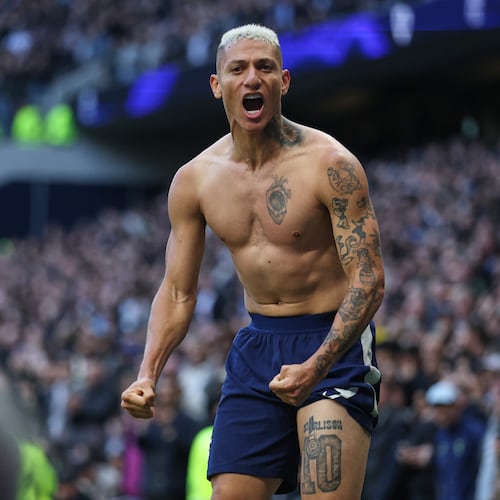 Tottenham's Richarlison celebrates after scoring his side's second goal during the English Premier League soccer match between Tottenham Hotspur and Manchester United in London, England, Saturday, Nov. 8, 2025. (AP Photo/Ian Walton)
