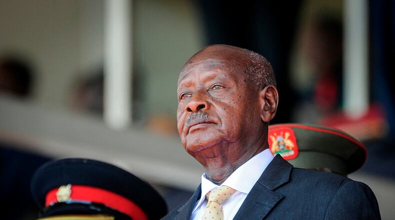 FILE - Uganda's President Yoweri Museveni attends the state funeral of Kenya's former president Daniel Arap Moi in Nairobi, Kenya on Feb. 11, 2020. (AP Photo/John Muchucha, File)