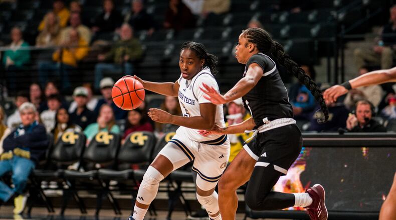 Freshman Dani Carnegie of Georgia Tech drives around a Mississippi State defender on Dec. 4, 2024 at McCamish Pavilion in Atlanta. (Photo by Danny Karnik/Georgia Tech Athletics)