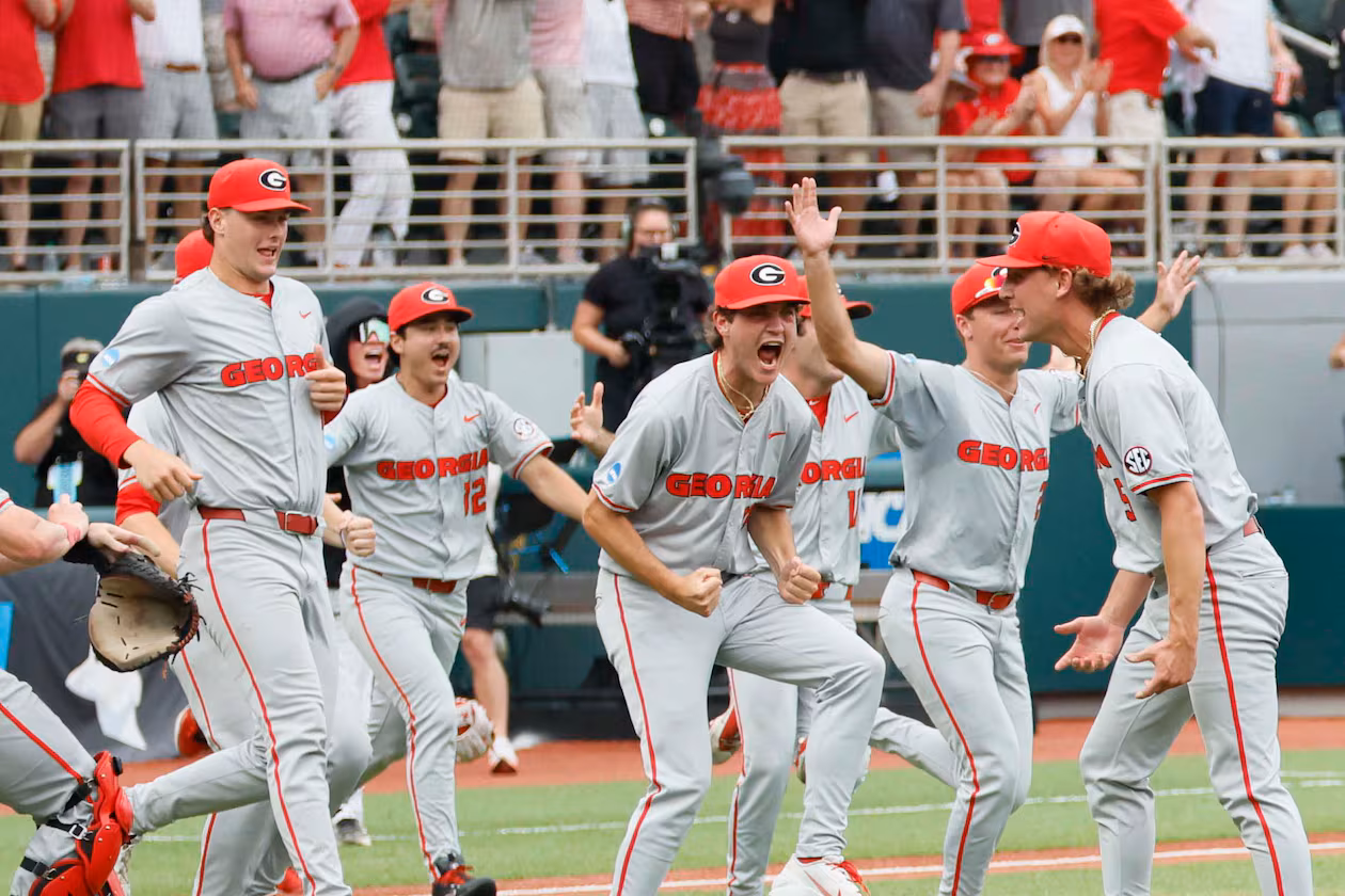 Georgia Bulldogs players celebrate after winning the NCAA Super Regional series by defeating the Minnesota State Bulldogs 11-9 at Foley Field on Sunday, June 7, 2026, in Athens.
Miguel Martinez/AJC)