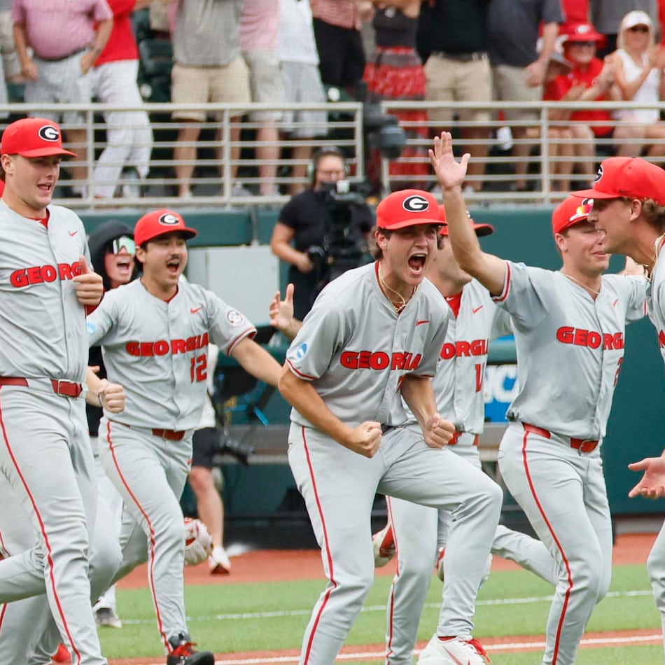 Georgia Bulldogs players celebrate after winning the NCAA Super Regional series by defeating the Minnesota State Bulldogs 11-9 at Foley Field on Sunday, June 7, 2026, in Athens.
Miguel Martinez/AJC)