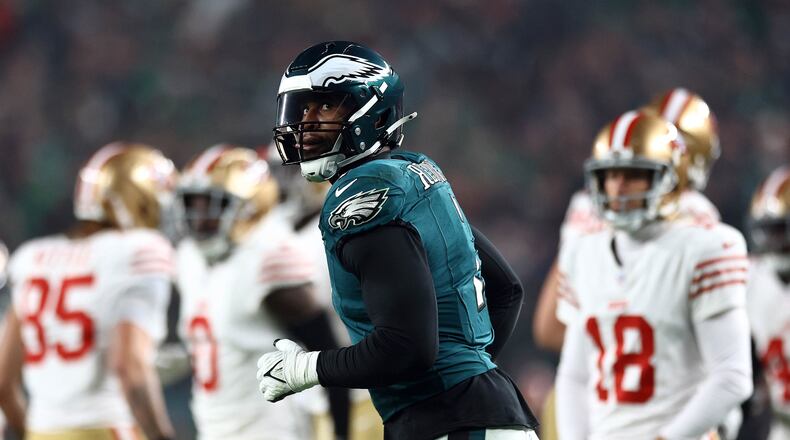 The Philadelphia Eagles' Haason Reddick (7) looks on against the San Francisco 49ers at Lincoln Financial Field on Dec. 3, 2023, in Philadelphia. (Tim Nwachukwu/Getty Images/TNS)