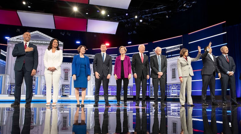11/20/2019 -- Atlanta, Georgia -- Ten candidates take ahead of the MSNBC/The Washington Post Democratic Presidential debate inside the Oprah Winfrey Soundstage at Tyler Perry Studios, Wednesday, November 20, 2019. (Alyssa Pointer/Atlanta Journal Constitution)