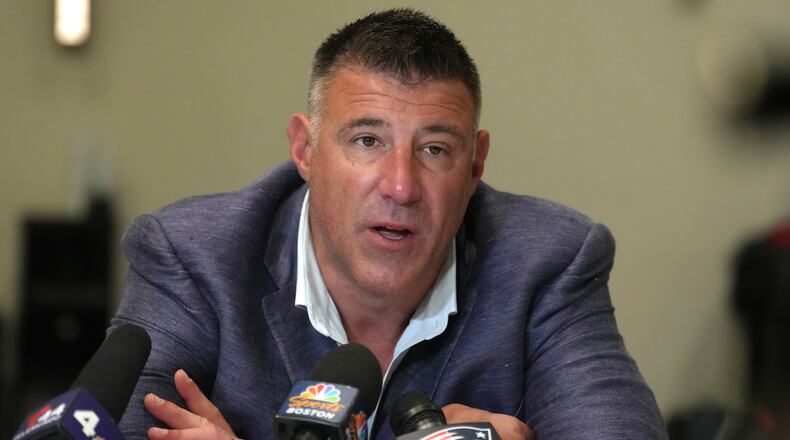 New England Patriots head coach Mike Vrabel speaks to reporters at the NFL football annual meetings, Tuesday, March 31, 2026, in Phoenix. (AP Photo/Ross D. Franklin)