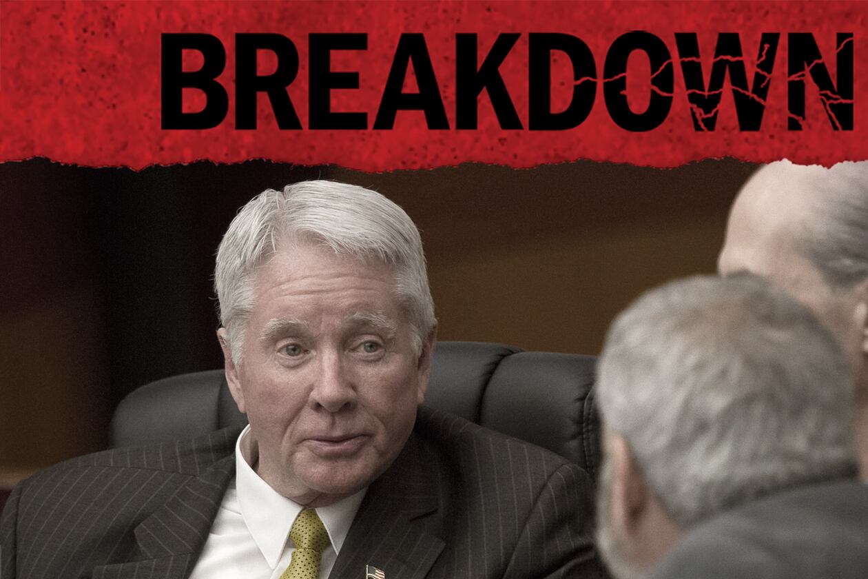 Claud "Tex" McIver talks with his lawyers during his 2018 murder trial. A return to the fifth season of the AJC's "Breakdown" podcast looks at the 2022 overturning of McIver's conviction. (Steve Schaefer / AJC file)