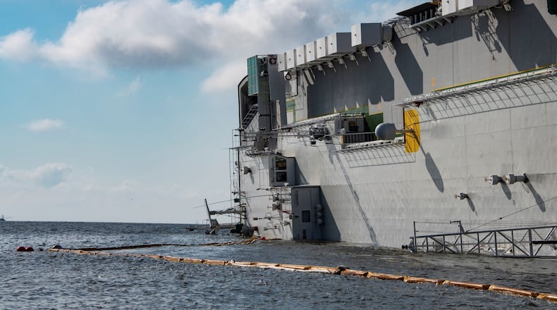 Golden Ray, the capsized cargo vessel, has had two large pollution discharges in recent days. Divers worked to locate the source of the discharge as crews placed containment boom around the vessel. They have also used more than 5,300 feet of protective boom to limit the impact of discharged fuel on sensitive areas, but locals say it hasn’t prevented impacts to the shoreline. CONTRIBUTED BY ST. SIMONS SOUND INCIDENT UNIFIED COMMAND